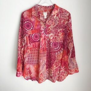 Chico's Paisley Floral Berry Coral Cotton Shirt 2/L Semi-Sheer Roll Tab Sleeve